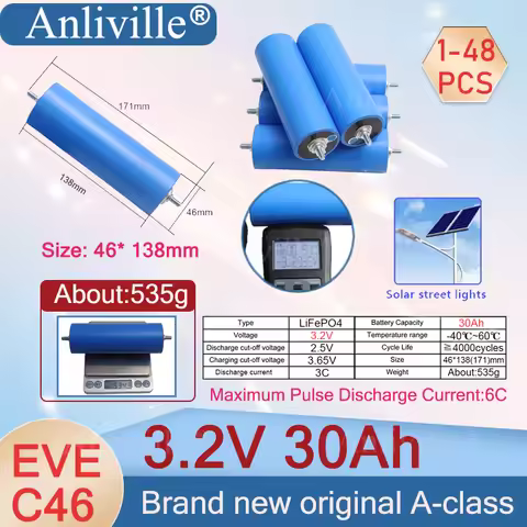New EVE C46 3.2V 30Ah Lifepo4 Rechargeable Battery Grade A Cells 46138 For DIY 12V 48V E-Tricycles F