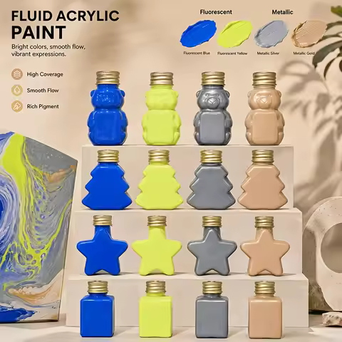 4‑Color 50ml/1.69oz Fluid Acrylic Art Set, 2 Metallic + 2 Neon, Colors: Neon Blue, Neon Yellow, Meta