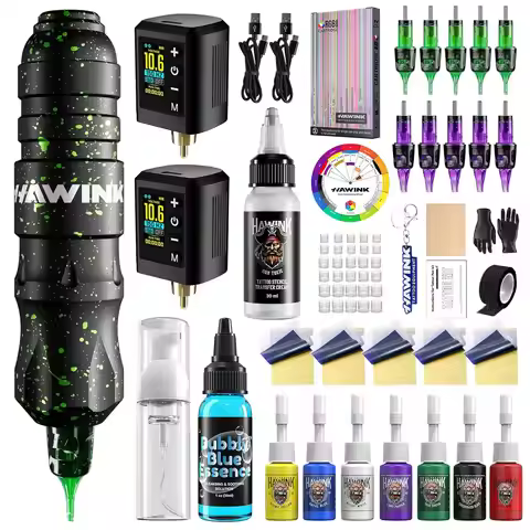 Tattoo Gun Kit with LCD Digital Power Supply, 3.7V Lithium Battery, 1600mAh, 2 Batteries, 7 Inks, St