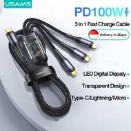 【Singapore Stock】USAMS PD100W/66W 3 in 1 Fast Charging Cable Transparent Digital Display Fast Charge QC 3.0 USB To Type—C/Micro/Lightning Cable For Samsung S20 Huawei P40 Xiaomi 10 Vivo X60/OPPO/iPhone