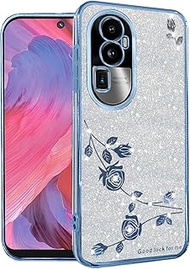 Kainevy for Oppo Reno 10 Pro Plus 5G Case Clear Glitter Floral for Women Girls Cute Pretty Bling Cover Oppo Reno 10 Pro Plus Phone Case Silicone Shockproof Slim Diamond Sparkle Luxury (Blue-Silver)