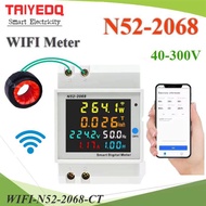 WIFI สมาร์ทมิเตอร์ N52-2068 วัดพลังงานไฟฟ้า AC 40-300V 0-100A แบบเกาะราง สามารถดูผ่านมือถือ CT ภายนอ
