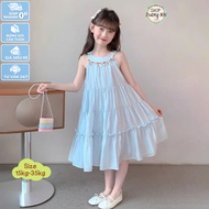 Girl's four-layer dress with collar decorated with stone trim, summer wrinkled silk maxi dress for g