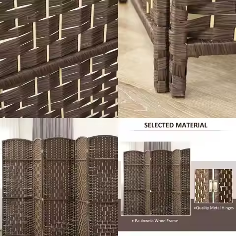 6-Panel Woven Bamboo Room Divider, 6 Feet Tall, Privacy Screen for Home or Office, Brown
