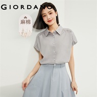 GIORDANO Women Shirts Linen Cotton Lightweight Summer Shirts Pleated Cap Sleeve Button Closure Fashi