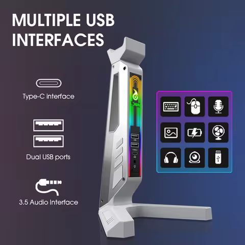 2025 RGB Headset Stand with USB Hub 2.0/Type-C Ports LED Gaming Headphone Holder Offer custom patter