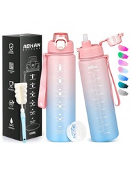 AOHAN 1入組1L帶吸管飲料瓶，動力運動水瓶具有時間標誌，瓶刷和過濾器防漏洗碗機安全飲用瓶