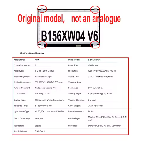 Original New A+ 15.6 inch Thick Laptop Lcd Screen Panel B156XW04 V6 LTN156AT24 LTN156AT02 LP156WH1 T