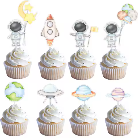 16pcs Carton Plane Rocket Cake Toppers Astronaut Paper Cupcake Topper for Boy's Outer Space Birthday