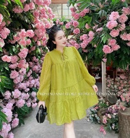 Đầm babydoll tay phồng dài cổ trụ cột dây váy xòe midi bồng bềnh đầm bầu rộng đầm bánh bèo tiểu thư