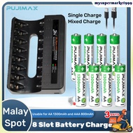 4-8PCS PUJIMAX Rechargeable Battery with Storage Box AA 800mAh AAA 1300mAh, Universal 4/8 Slots Disp