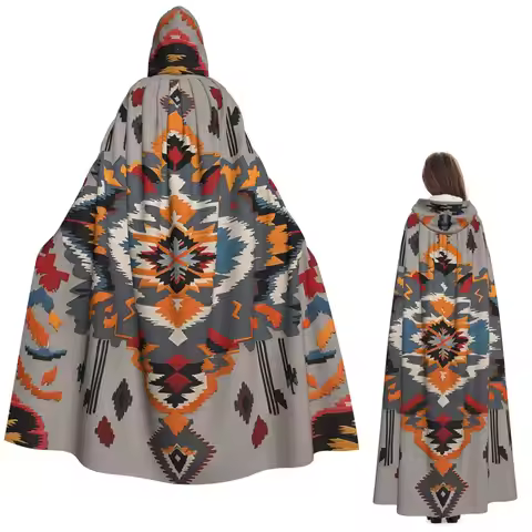Tribal Navajo Aztec Ethnic Hipster Print Long Hooded Cloak Witch Medieval Costume Cosplay Cape Hallo