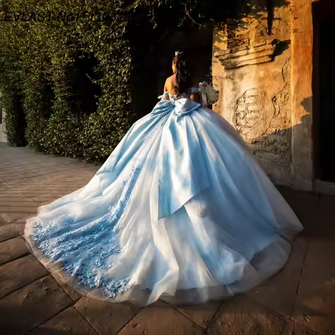 EVLAST Customized Glitter Sky Blue Ball Gown Quinceanera Dress Shiny Applique Beading Bow Sweet 16 V