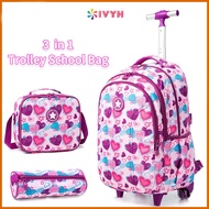 IvyH 3pcs/Set 16 inch  Trolley Schoolbag with 4 Wheels  Large Capacity School Bag Lunch Bag Pencil C