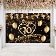 7x5ft Happy 10th Anniversary Photography Backdrop Banner Decor Black Gold – Glitter Love Heart Happy