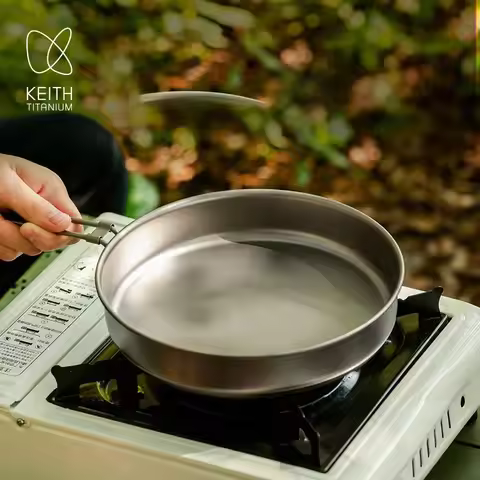 KEITH Titanium Frying Pan with Foldable Handle - KEITH Ti6034 Lightweight Outdoor Cookware for Campi