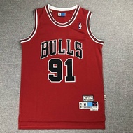 เสื้อกีฬาแขนกุด ลายทีม NBA Jersey Chicago Bulls No.91 Rodman สีแดง สไตล์เรโทร พลัสไซซ์