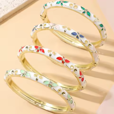 FTCY Colorful Four-leaf Flower Ename Bangles For Women Enamel Dropped Glaze Floral Zircon Bangle Lux
