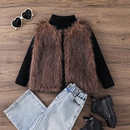 Young Girl Furry Gradient Color Block Open Front Fuzzy Coat Sleeveless Vest,Cute Casual, Fashionable