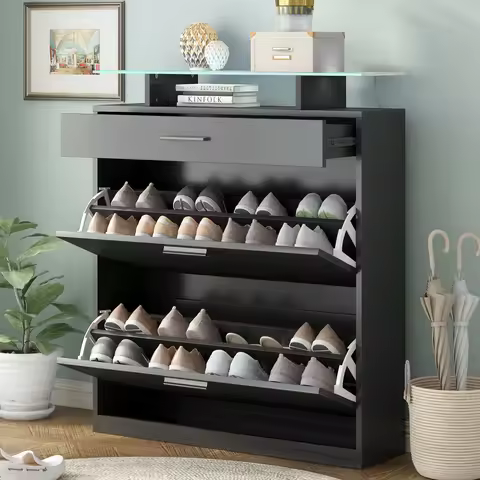 Slim Entryway Organizer with 2 Flip Drawers, Tempered Glass Top Shoe Storage Cabinet with Drawer, Fr