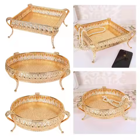 Gold Fruit Plate Bowl Metal Tray Storage Holder Snack Nut Candy Container