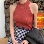 Lovito Elegant Plain Cold Shoulder Casual Sleeveless Textured Fabric Knit Top L17X300 (White/Brick Red/Black) Atasan Rajut Elegan Polos Bahu Dingin Kasual L17x300 (Putih / Bata Merah / Hitam)