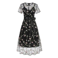 Retro Hepburn Short Sleeved Embroidery Floral Elegant Prom Evening 50s 60s 70s 80s Dinner Dress