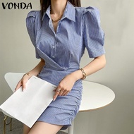 เสื้อรัดรูปพิมพ์ลายทางแฟชั่นของผู้หญิง VONDA OL-Down-Collar (ดอกไม้เกาหลี)