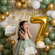 7th Birthday Decoration Set 32" Number Foil Balloon Sage Green Gold Balloon Banner Flag For Birthday