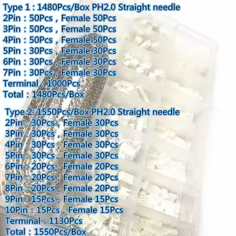1480Pcs/Box JST PH2.0mm Pitch Terminals Kit 2P3P4P5P6P7P8P9P10 Pin Male Female Plug Plastic Housing 