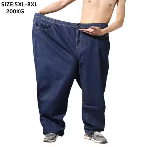 200KG Extra Large Jeans Men Blue 8XL 7XL 6XL 5XL Plus Size Denim Big Straight Elastic Trousers Black