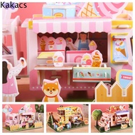 KAKACS กระดาษแข็งบอร์ดบอร์ด ห้องปริศนาบ้านตุ๊กตาแบบทำมือ ร้านขายไอศกรีม การ์ตูนลายการ์ตูน ห้องปริศนา