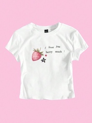 SHEIN EZwear 女性Y2K粉色草莓水果口號短袖T恤寶貝TEE夏季穿