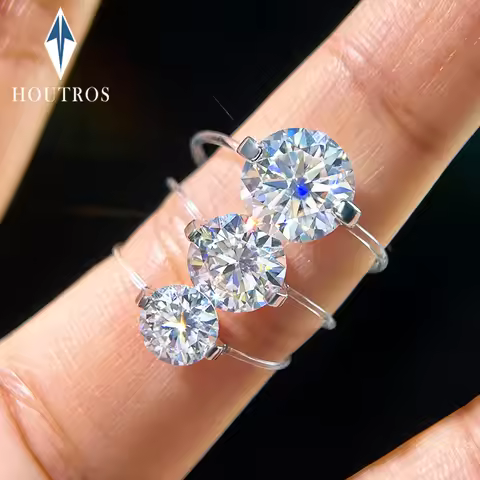 0.8-3CT Round Moissanite Diamond Ring For Women 925 Sterling Silver Transparent Fishing Line Chain R