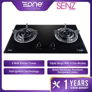 SENZ SZ-GS388 6.4kW TRI-RINGZ 2 BURNER SAFETY VALVE TEMPERED GLASS BUILT-IN GAS STOVE with FAST IGNITION 4 FIRE MODEAS HOB GLASS COOKER