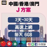 eSIM【中國移動】【香港】【澳門】J方案 每天6GB高速 3天~30天 不須翻牆