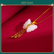 ASIX GOLD สร้อยคอจี้หยกทอง 24K สำหรับผู้หญิง สร้อยคอจี้ดอกบัวปลาคาร์พนำโชค สร้อยคอจี้หยกเขียว สร้อยคอจี้หยกขาว ไม่ดำ ไม่ลอก