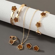 ‌ 5pcs/set Lucky Flower Jewelry Set |   Acrylic Bracelet Necklace Ring Earrings |   5-Leaf Clover Ch