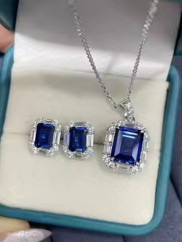 Halaile 2-4CT Lab Grown Sapphire Emerald Diamond Necklace/Earrings 925 Sterling Silver For Women Spa
