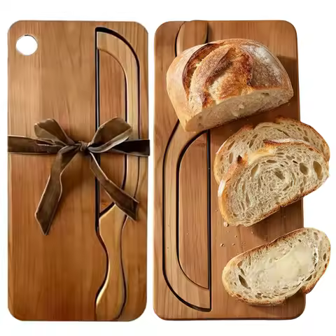 Wooden Bread Bow Knife Serrated Bread Bow Cutter&Matching Crumb Tray Stainless Steel Rustic Farmhous
