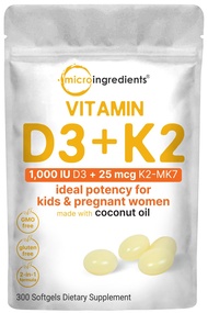 Micro Ingredients Vitamin D3 1,000 iu Plus K2 (MK-7) 25 mcg, 300 Virgin Coconut Oil Softgels | 2 in 