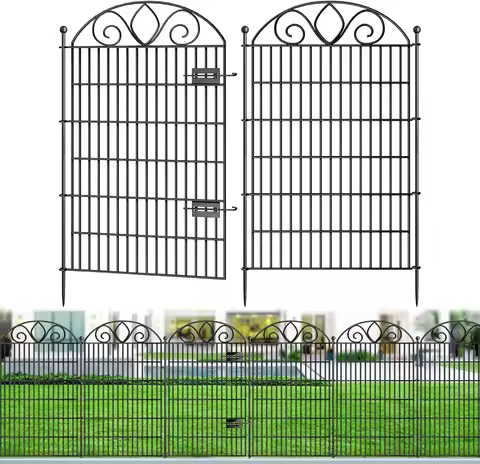 10 Panels No Dig Tall Garden Fence with Gate – 44' H X 23.6' L Rustproof Metal Dog Fence Outdoor for