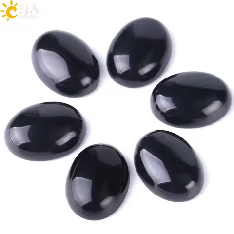 CSJA 1PC Natural Stone Oval Cabochon Obsidian Bead No Hole for Women Men Fashion Jewelry Making Ring