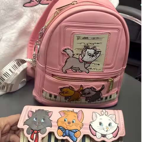 【New】Disney-Loungefly The Aristocats Marie Cat Piano Design Mini Backpack & Wallet Set Fashion Gift 