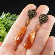 Orange Fire Red Agate Rutile Quartz Bronze Flower Large Long Earrings Jewelry