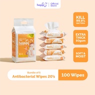Hoppi Premium Baby Antibacterial Wipes / Baby Wipes / Wet Wipes / Wet Tissue - 20 Wipes x 5 Packs