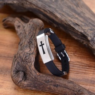 【SPGH】 Men Fashion Silver Cross Stainless Steel Black Rubber Bracelet Bangle Wristband Hot