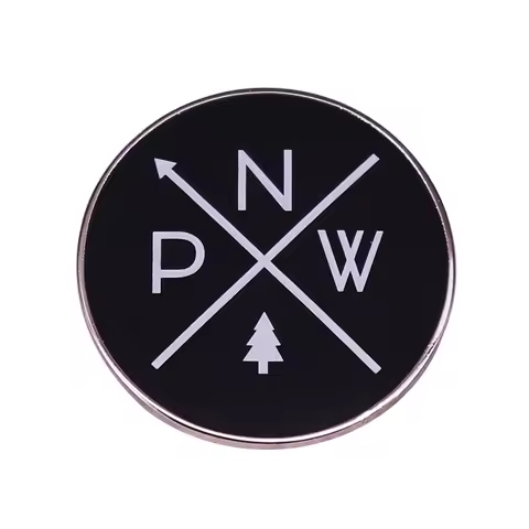 Pacific Northwest brooch landmark Compass PNW enamel pin Arrows oregon washington Tree logo White on