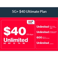 Singtel Prepaid $40 5G+ Ultimate (28-30 Days) | Unlimited 5G | 100GB Roaming | 2000 IDD / Top Up / R
