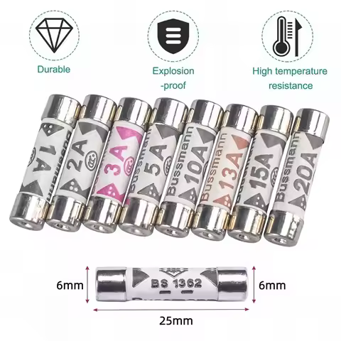 10/20pcs BS1362 6*25mm Ceramic Tube Fuse 1A 2A 3A 5A 10A 13A 15A 20A British Fues Domestic House Hol